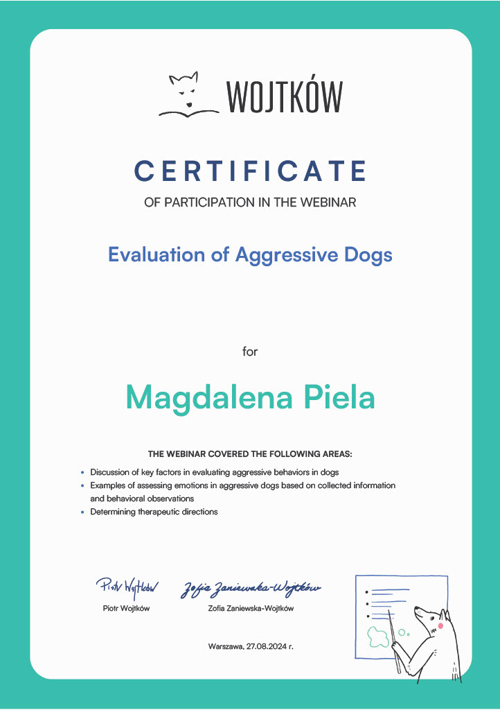 Certyfikat Evaluation of Aggressive Dogs Magdalena Piela
