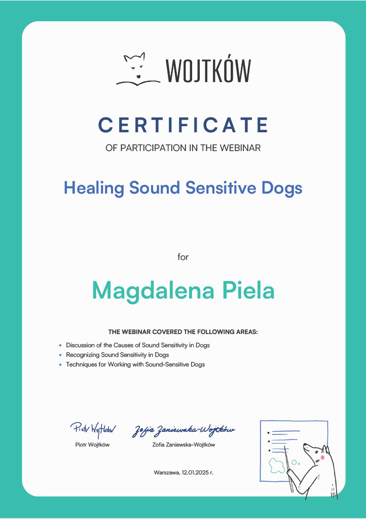 Certyfikat Healing Sound Sensitive Dogs - Magdalena Piela