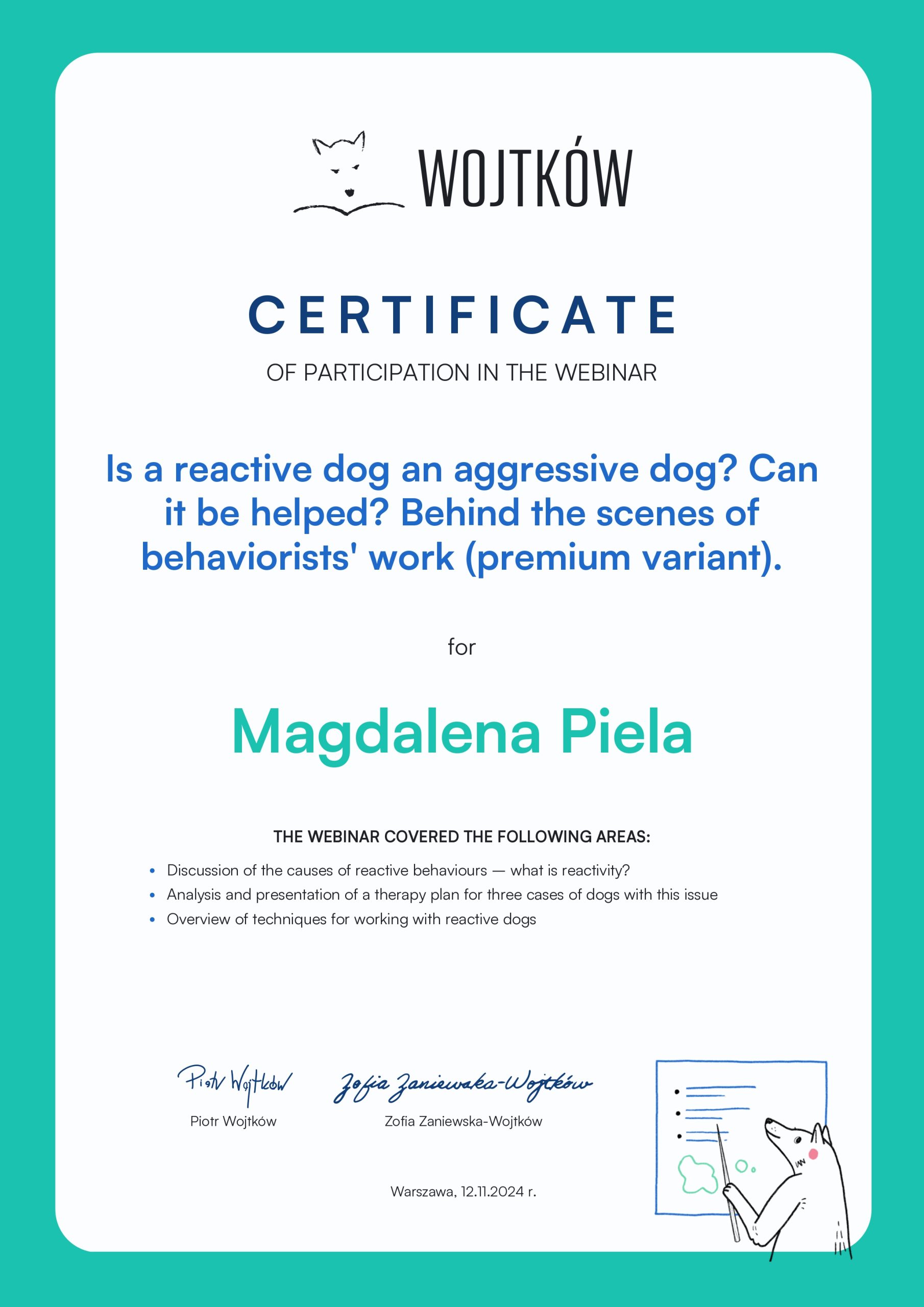 Certyfikat Is a reactive dog an aggressive dog Magdalena Piela
