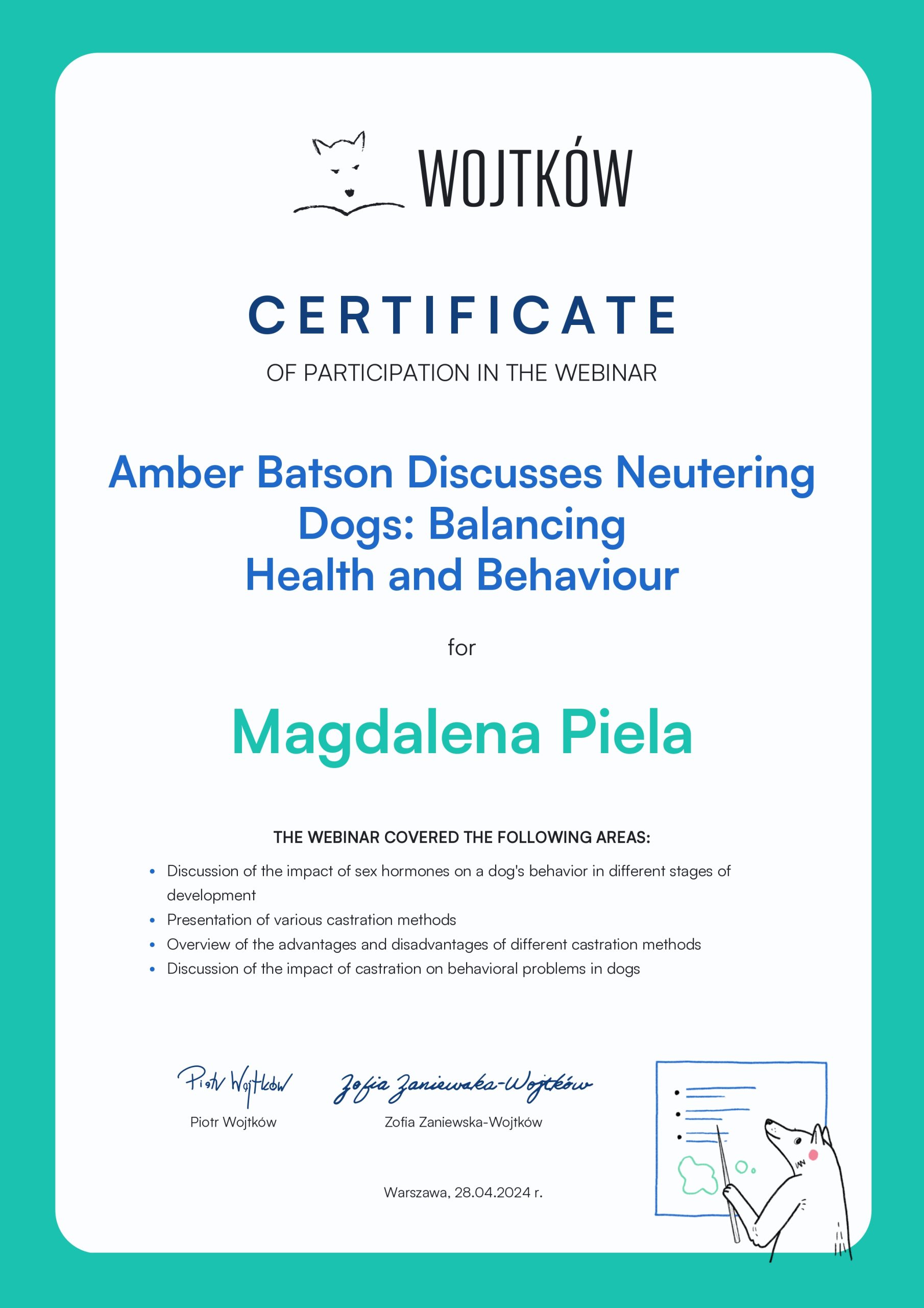 Certyfikat Neutering Dogs - Magdalena Piela
