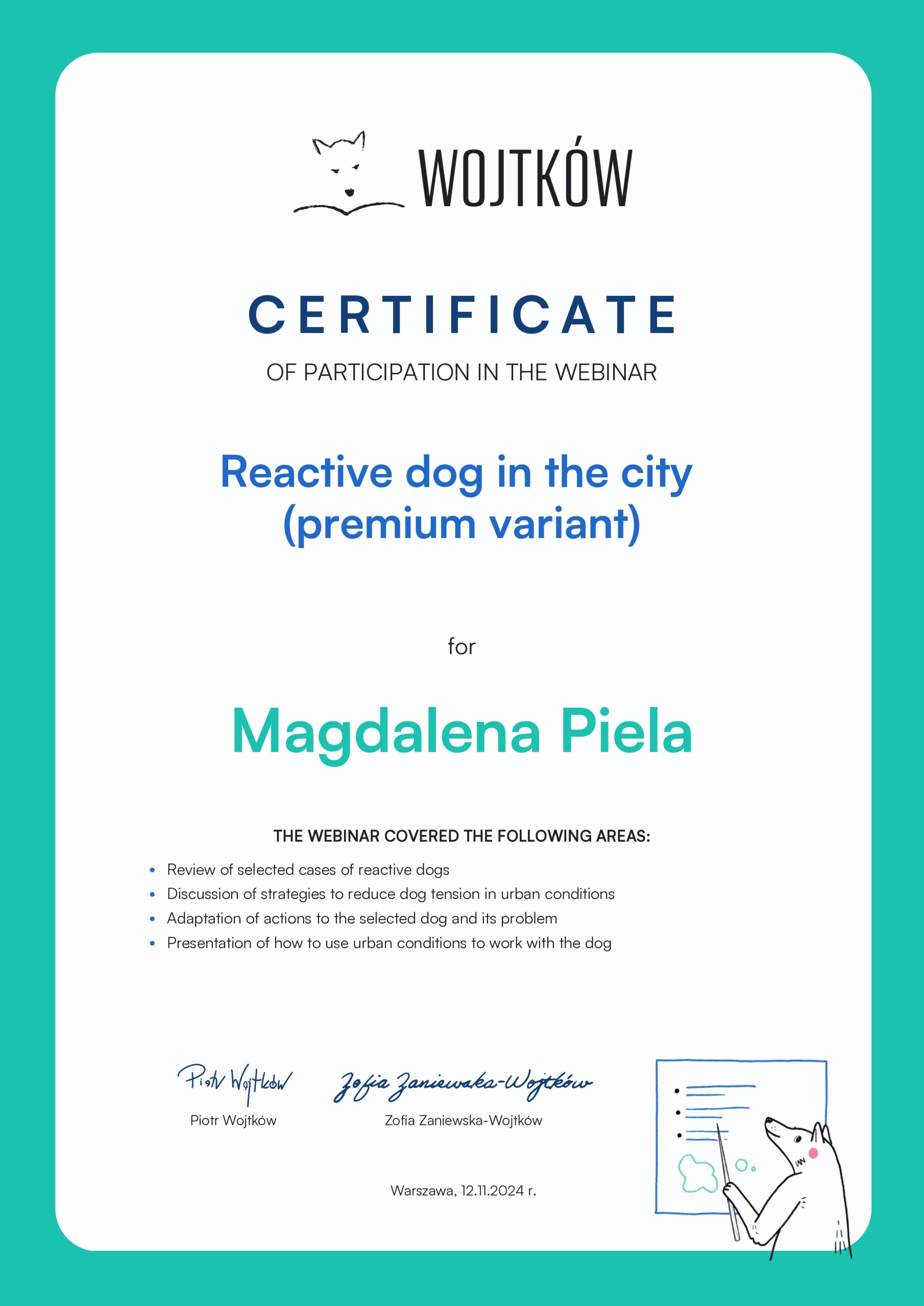Certyfikat Reactive dog in the city - Magdalena Piela