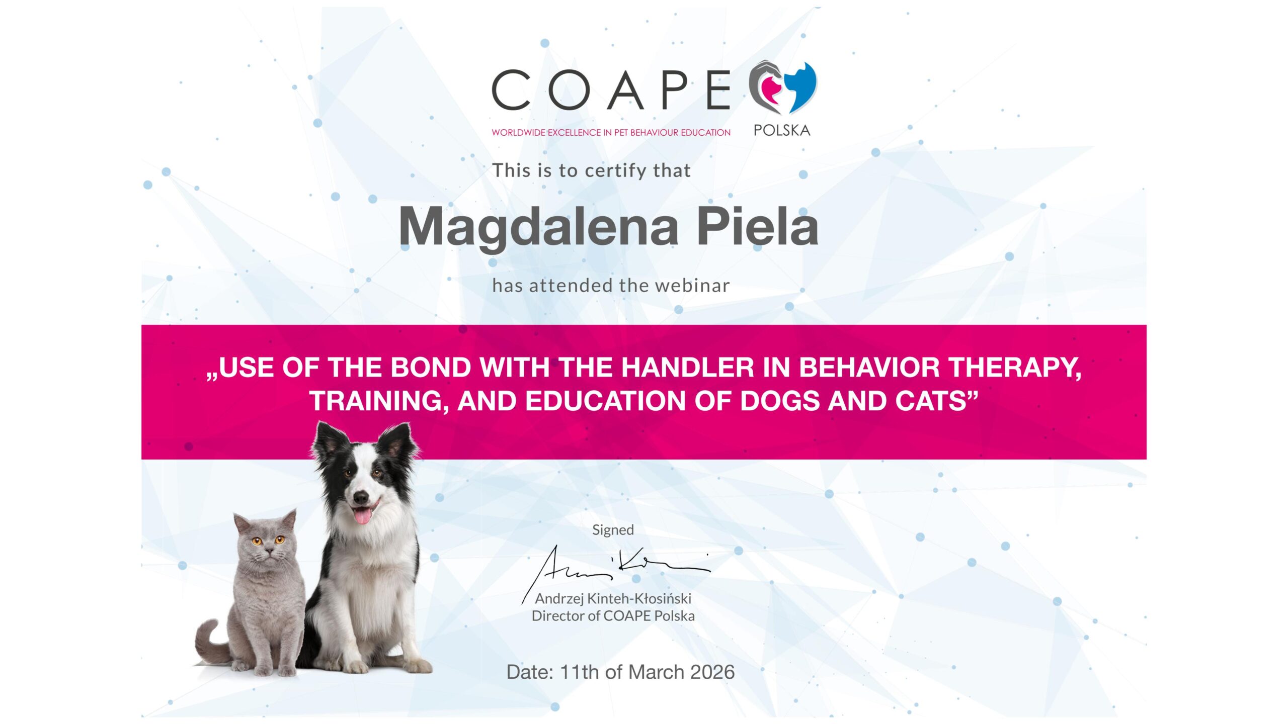 Certificate COAPE - Use of the Bond with the Handler in Behavior Therapy, Training-1