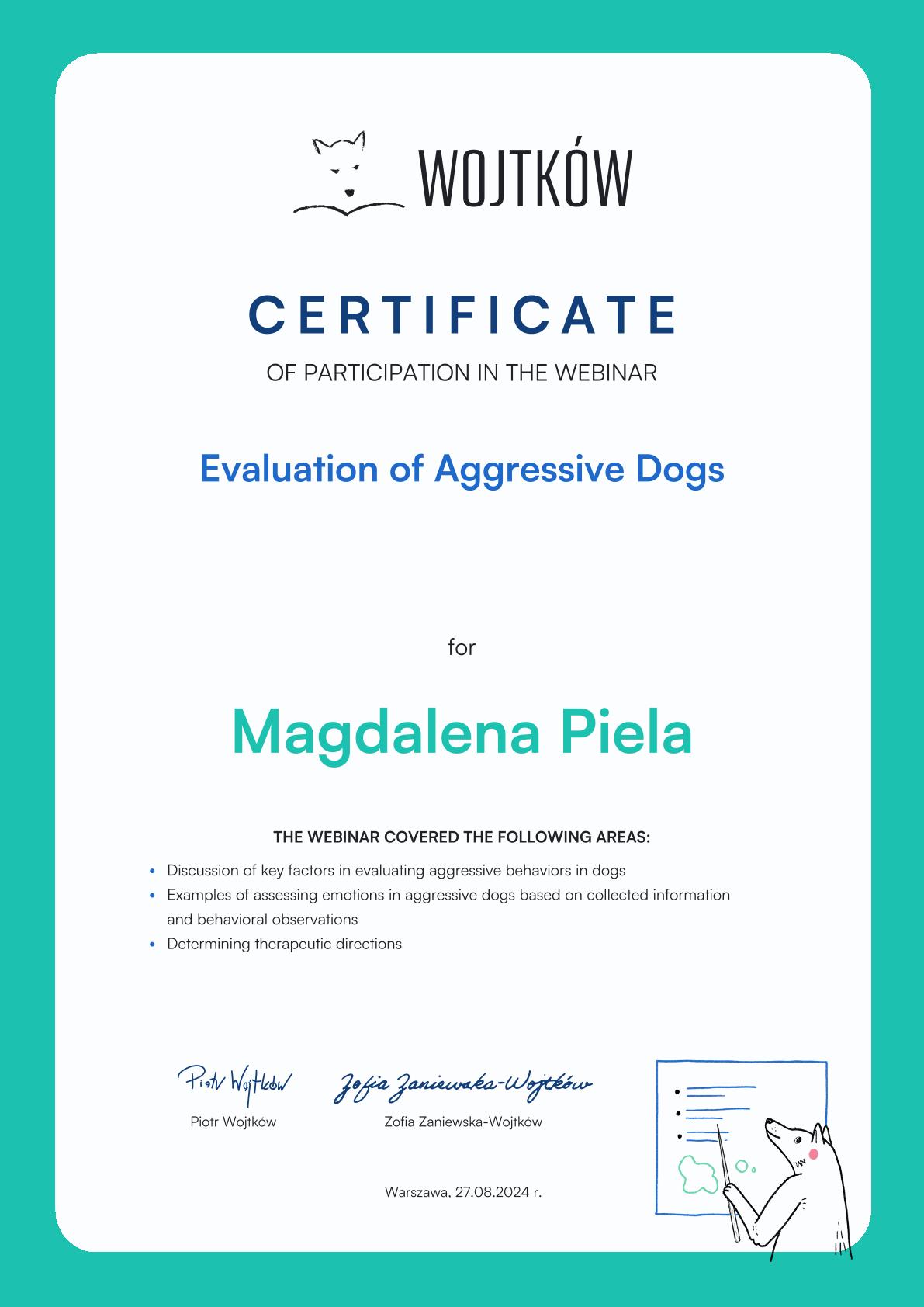 Certyfikat Evaluation of Aggressive Dogs Magdalena Piela-1
