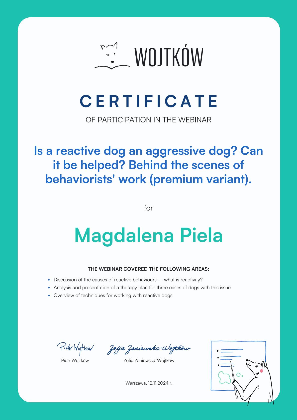 Certyfikat Is a reactive dog an aggressive dog Magdalena Piela-1