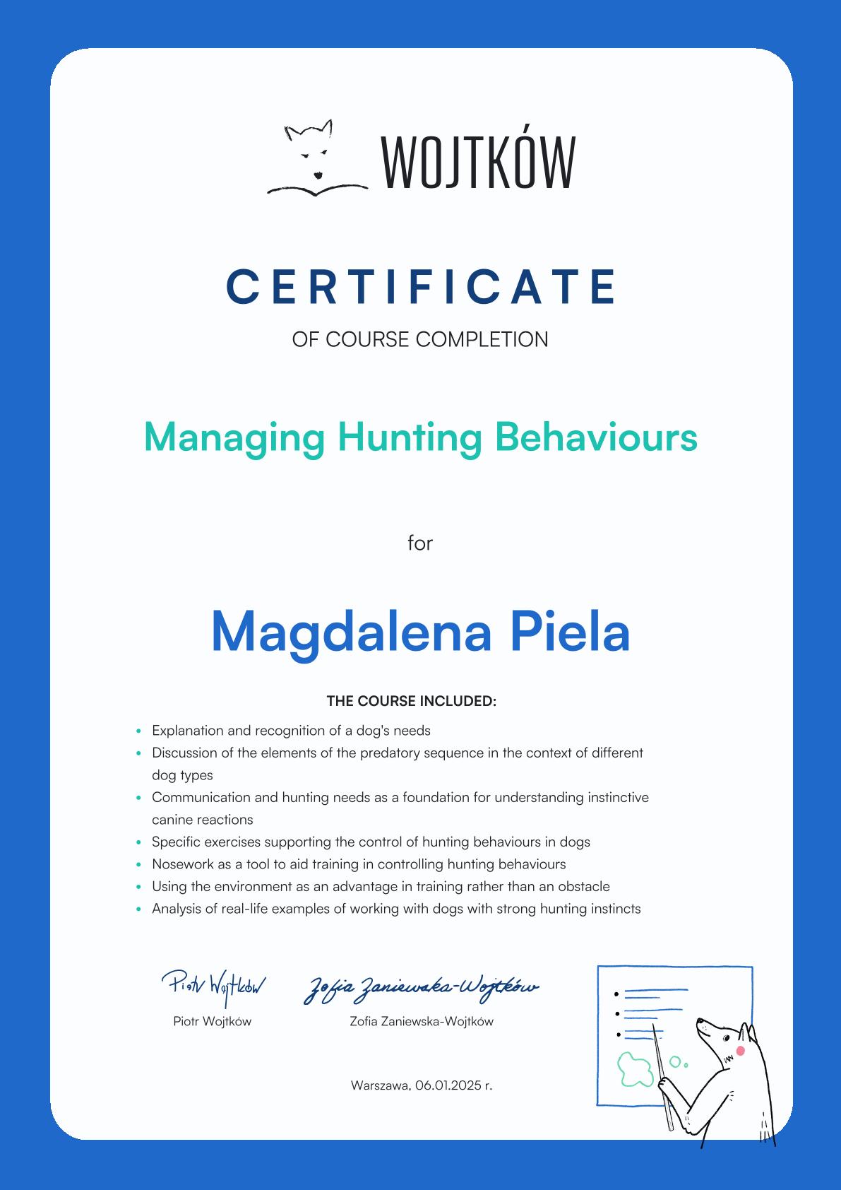Certyfikat Managing Hunting Behaviours Magdalena Piela-1