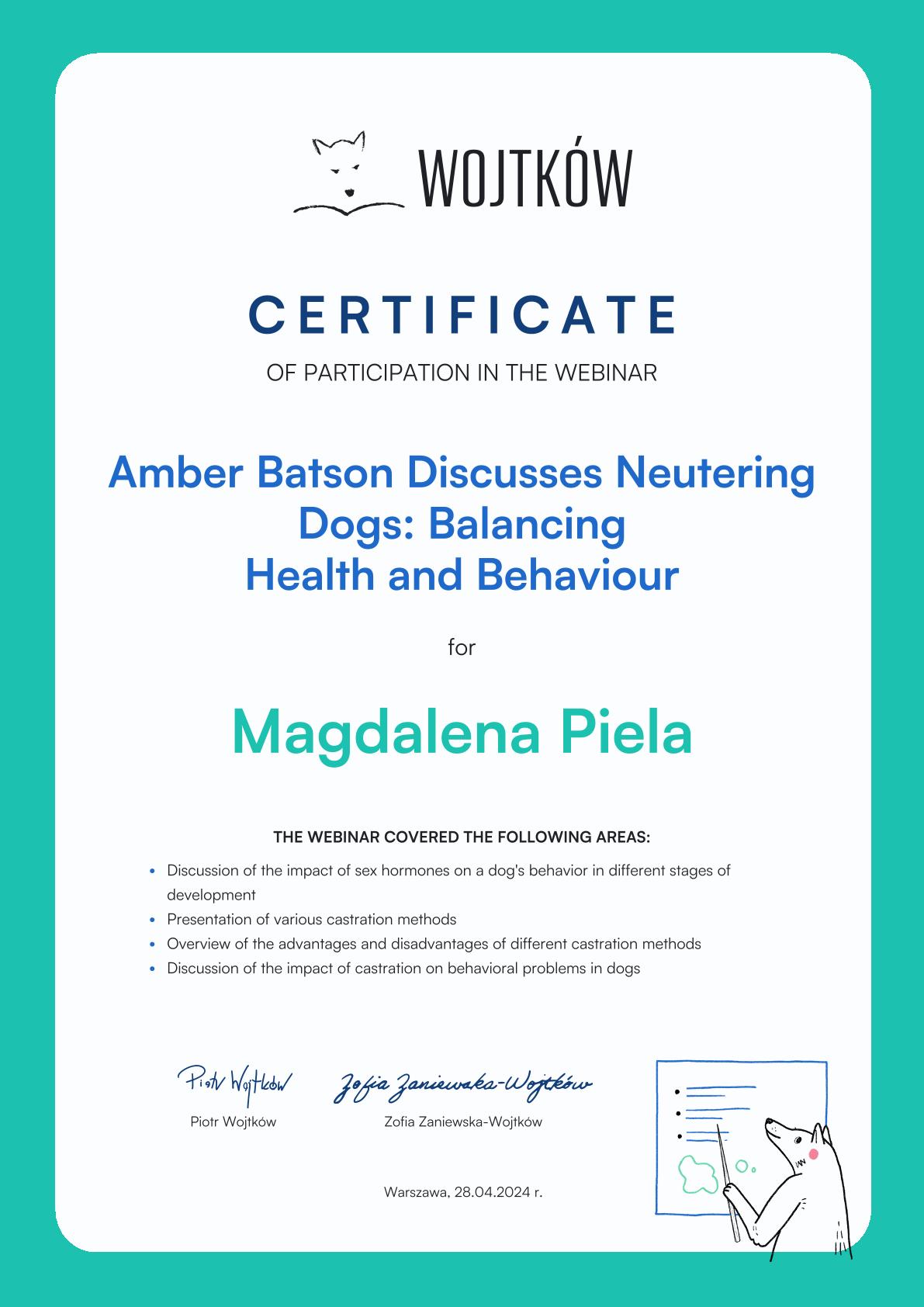 Certyfikat Neutering Dogs - Magdalena Piela-1