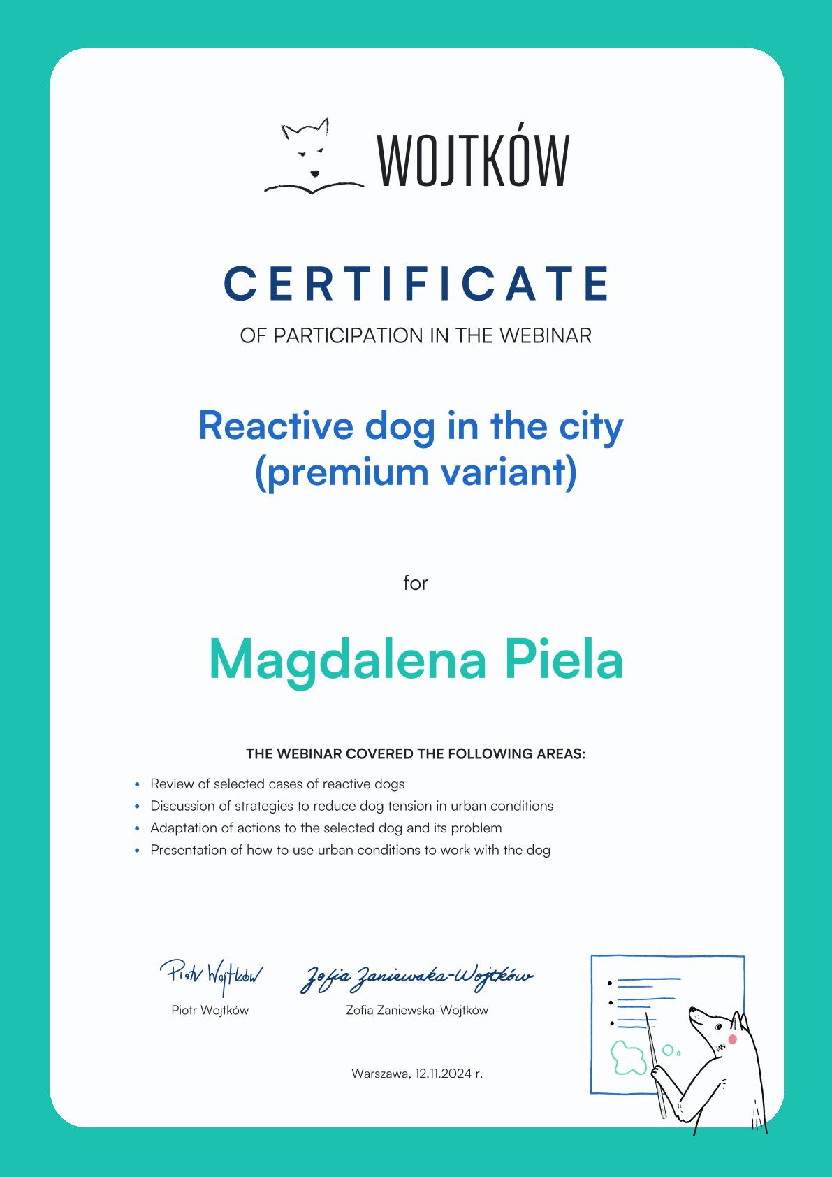 Certyfikat Reactive dog in the city - Magdalena Piela-1