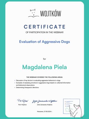 Certyfikat Evaluation of Aggressive Dogs Magdalena Piela