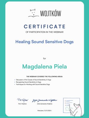 Certyfikat Healing Sound Sensitive Dogs - Magdalena Piela