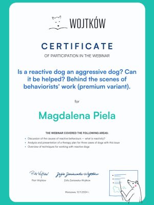 Certyfikat Is a reactive dog an aggressive dog Magdalena Piela-1