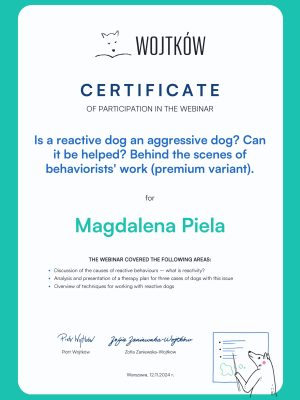 Certyfikat Is a reactive dog an aggressive dog Magdalena Piela