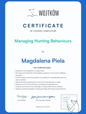 Certyfikat Managing Hunting Behaviours Magdalena Piela