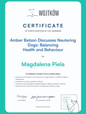 Certyfikat Neutering Dogs - Magdalena Piela