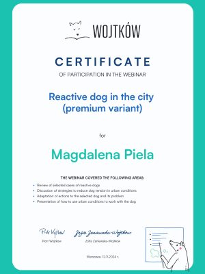 Certyfikat Reactive dog in the city - Magdalena Piela